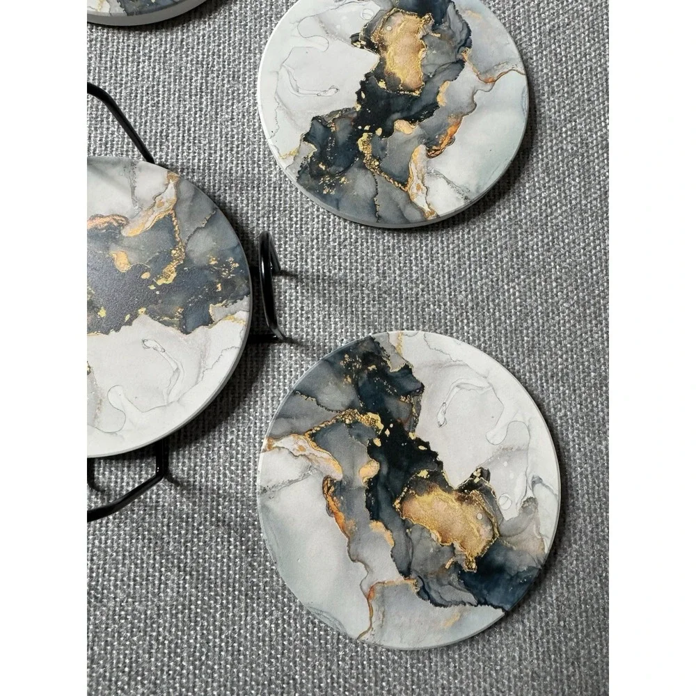 Gray, Blue, Gold Marble Round Coasters With Holder Set Of 6 Absorbs Moisture Set